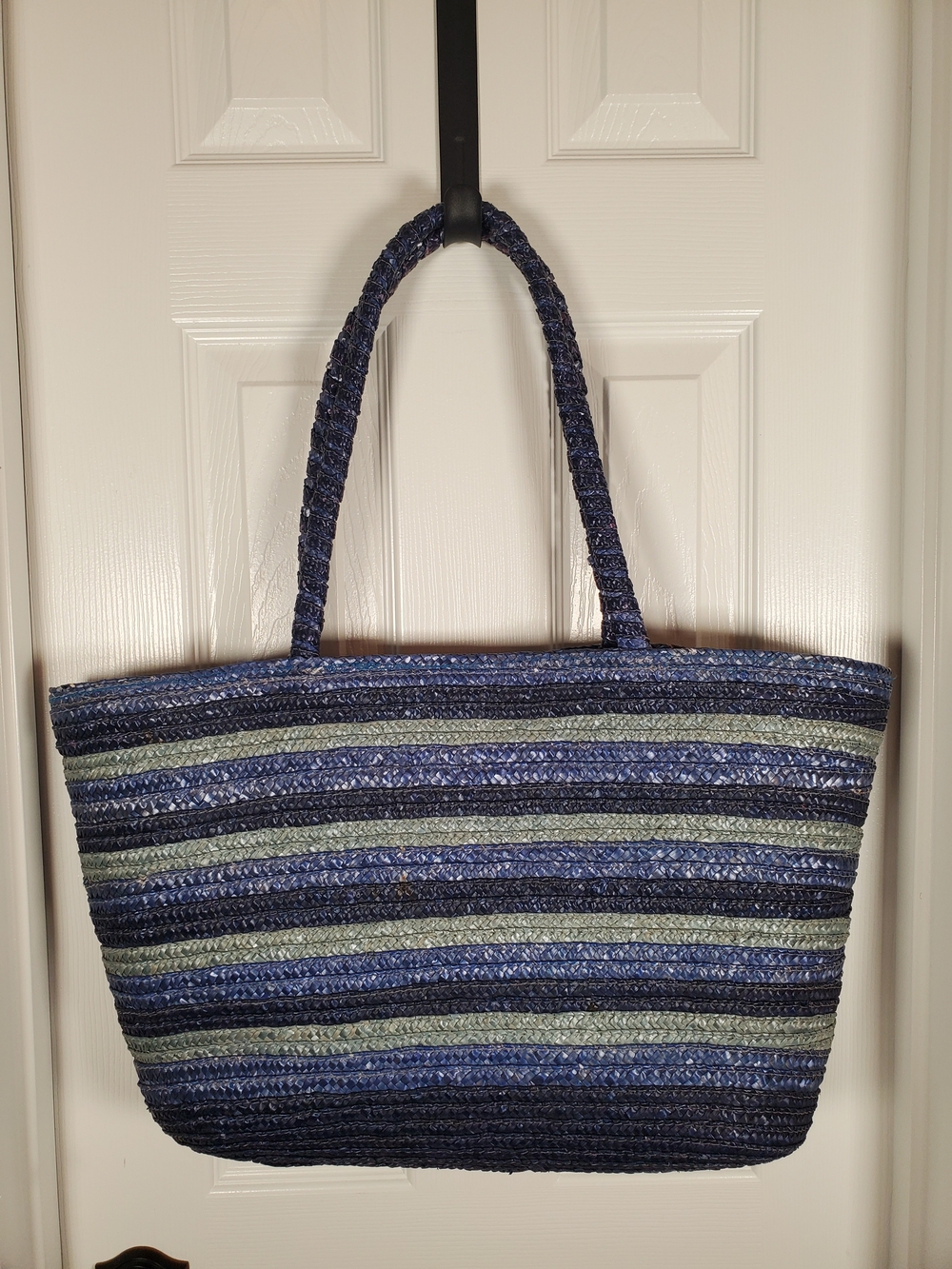 Vintage Casual Corner Striped Natural Straw Tote Bag Blue Green